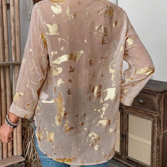 Women's Sheer Taupe Button-Down Blouse with Gold Foil - Picture 2 of 6